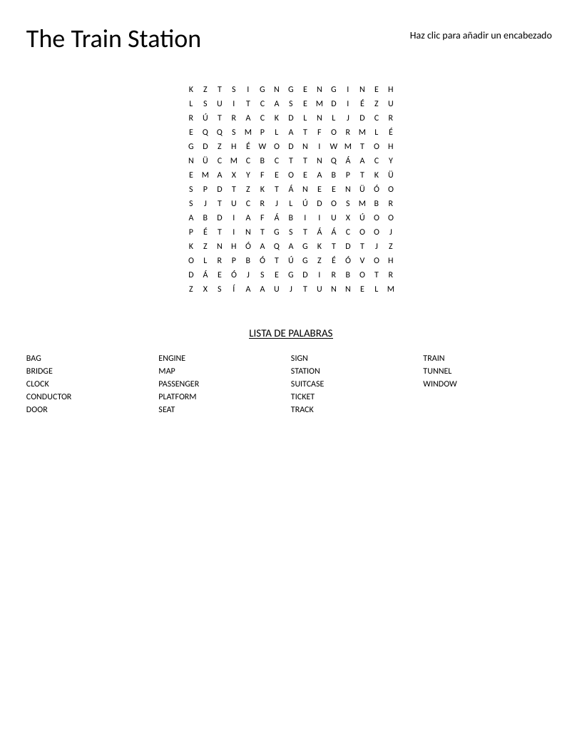 Train station word search with words like ticket, platform, passenger, and conductor.