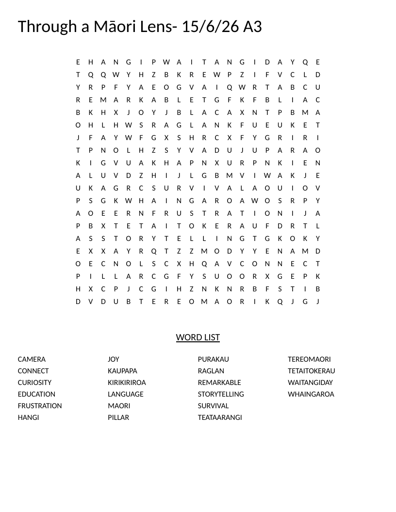 Māori culture word search featuring kaupapa, purakau, whaingaroa, and hangi.