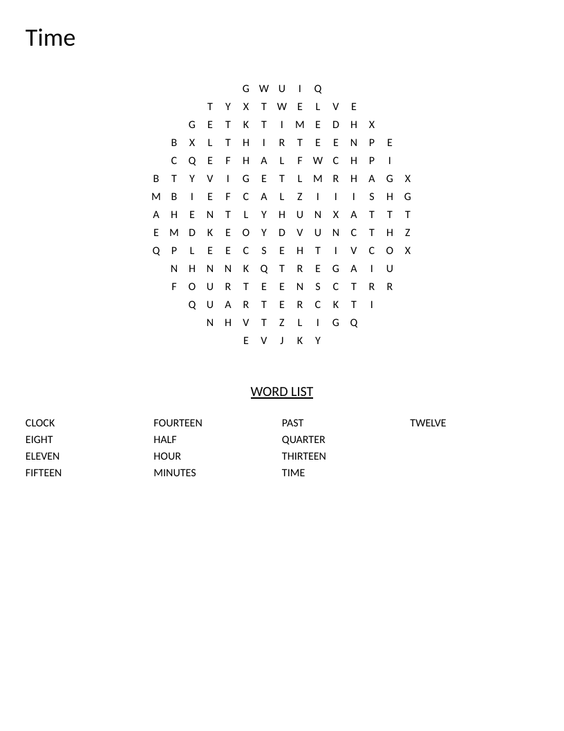 Circle-shaped time word search with telling-time vocabulary including clock, quarter, and minutes.