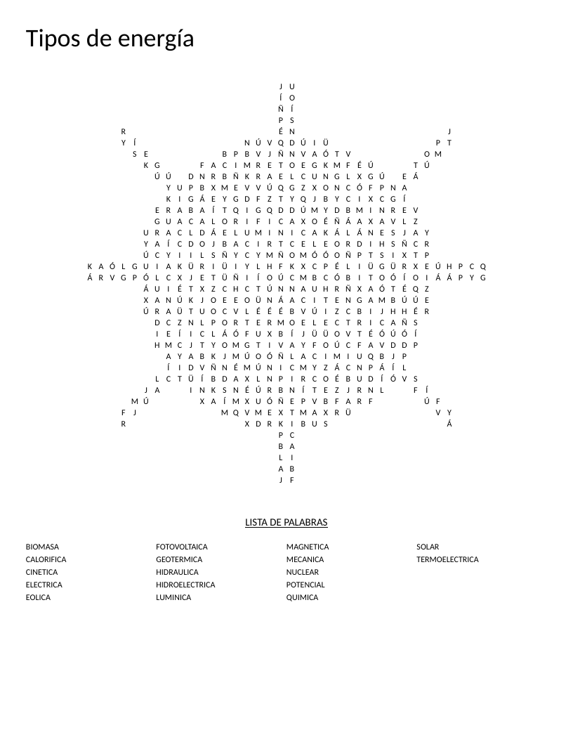 Sun-shaped Spanish word search on energy types including solar, eólica, and nuclear.