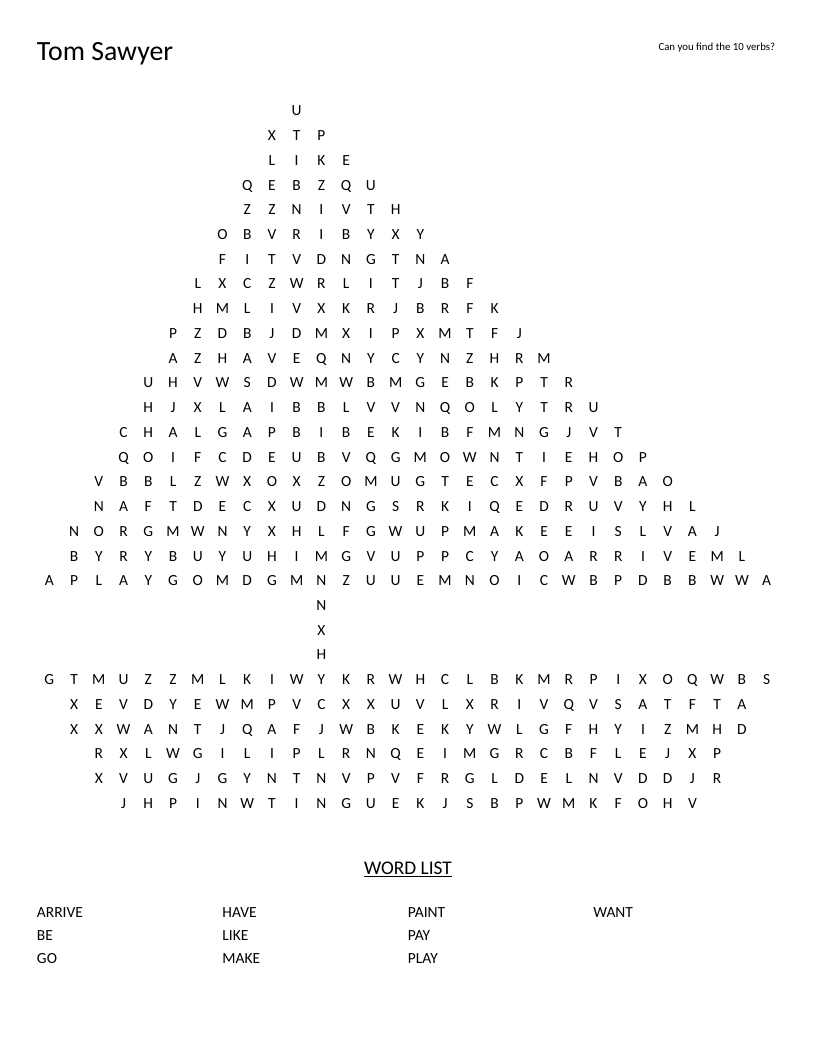 Boat-shaped verb word search with action words like paint, play, and arrive.