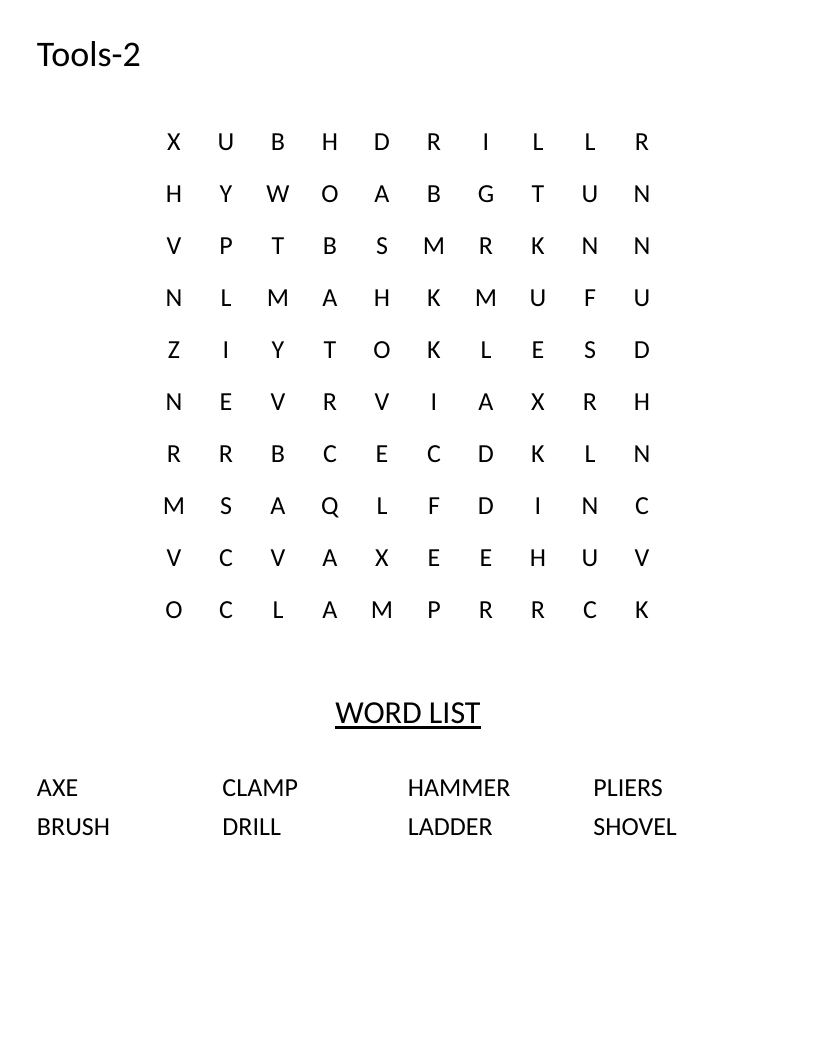 Easy tools word search with hammer, drill, pliers, and other common tools.