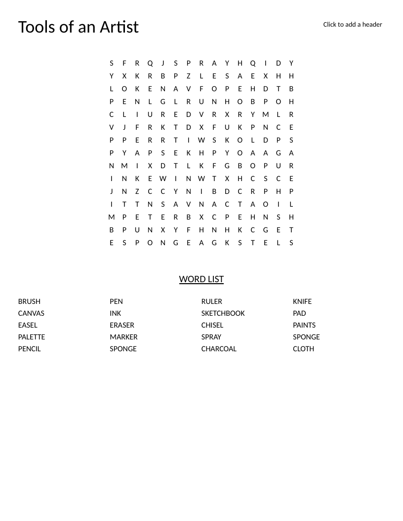 Art supplies word search with words like brush, canvas, easel, palette, and charcoal.