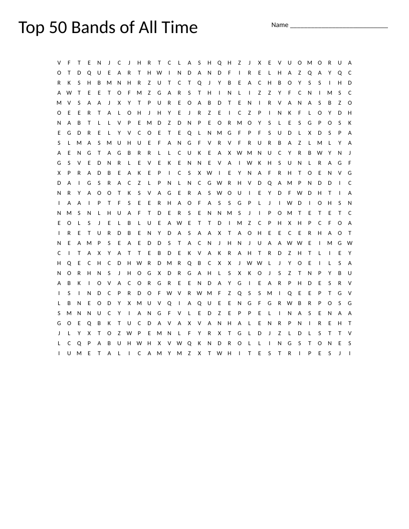 Word search puzzle with 50 iconic rock and pop band names including the Beatles, Pink Floyd, and Nirvana.