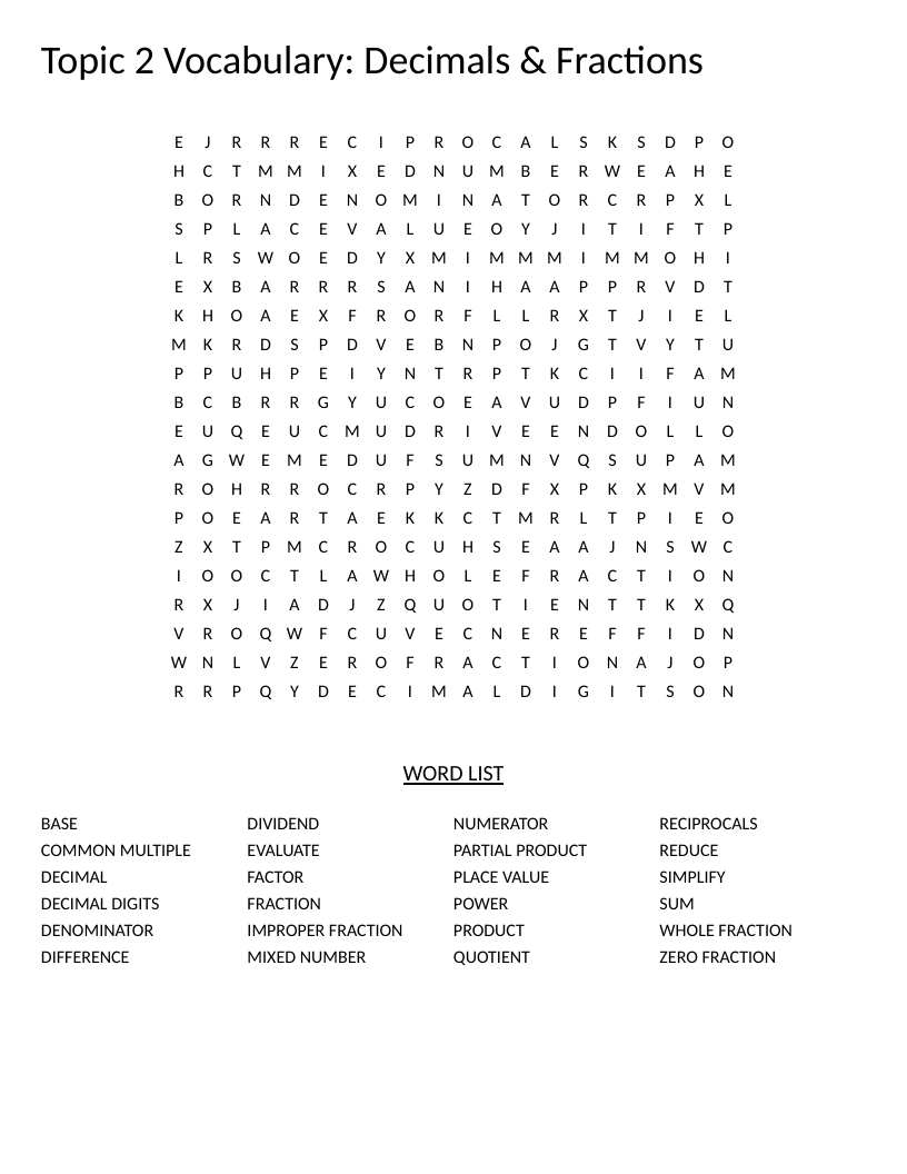 Fractions and decimals vocabulary word search with terms like numerator, denominator, and reciprocals.