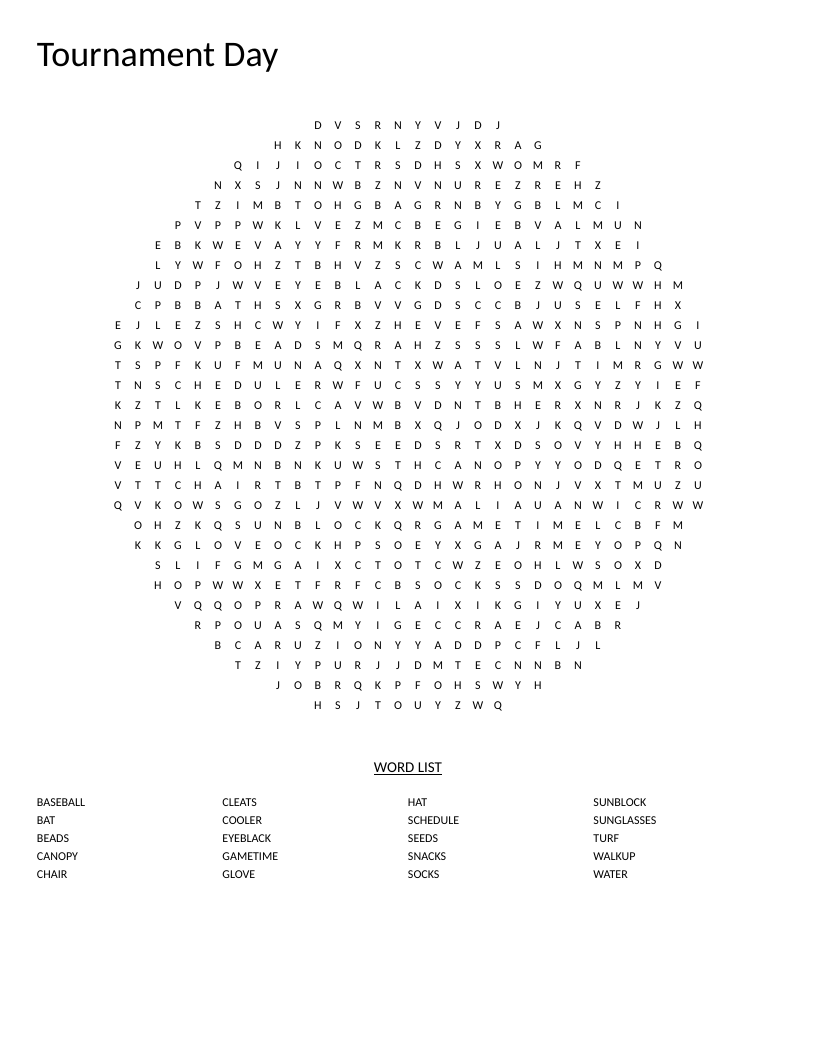 Circle-shaped baseball tournament word search with game-day words like cleats, eyeblack, and canopy.