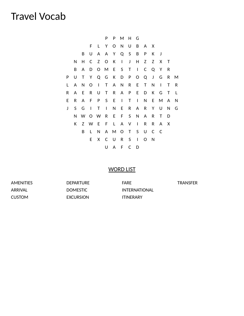 Circle-shaped travel vocabulary word search with words like international, itinerary, and departure.