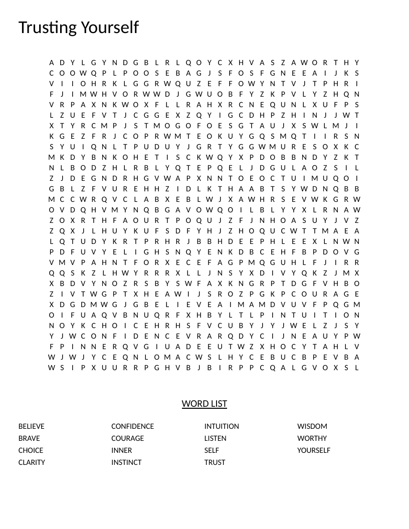 Word search on trusting yourself with words like intuition, confidence, courage, and wisdom.