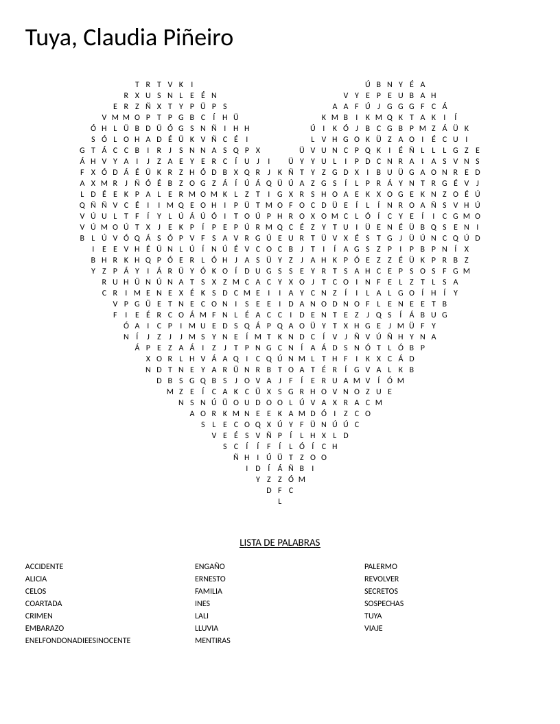 Heart-shaped Tuya word search with Spanish words including revolver, coartada, and crimen.