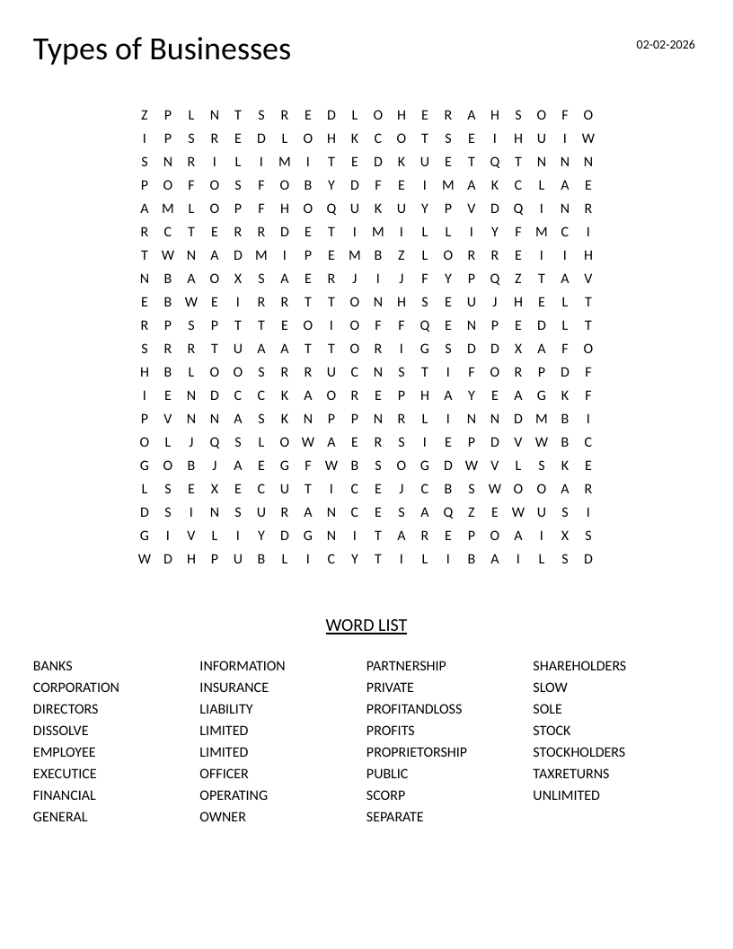 Business structures word search featuring corporation, partnership, and sole proprietorship.