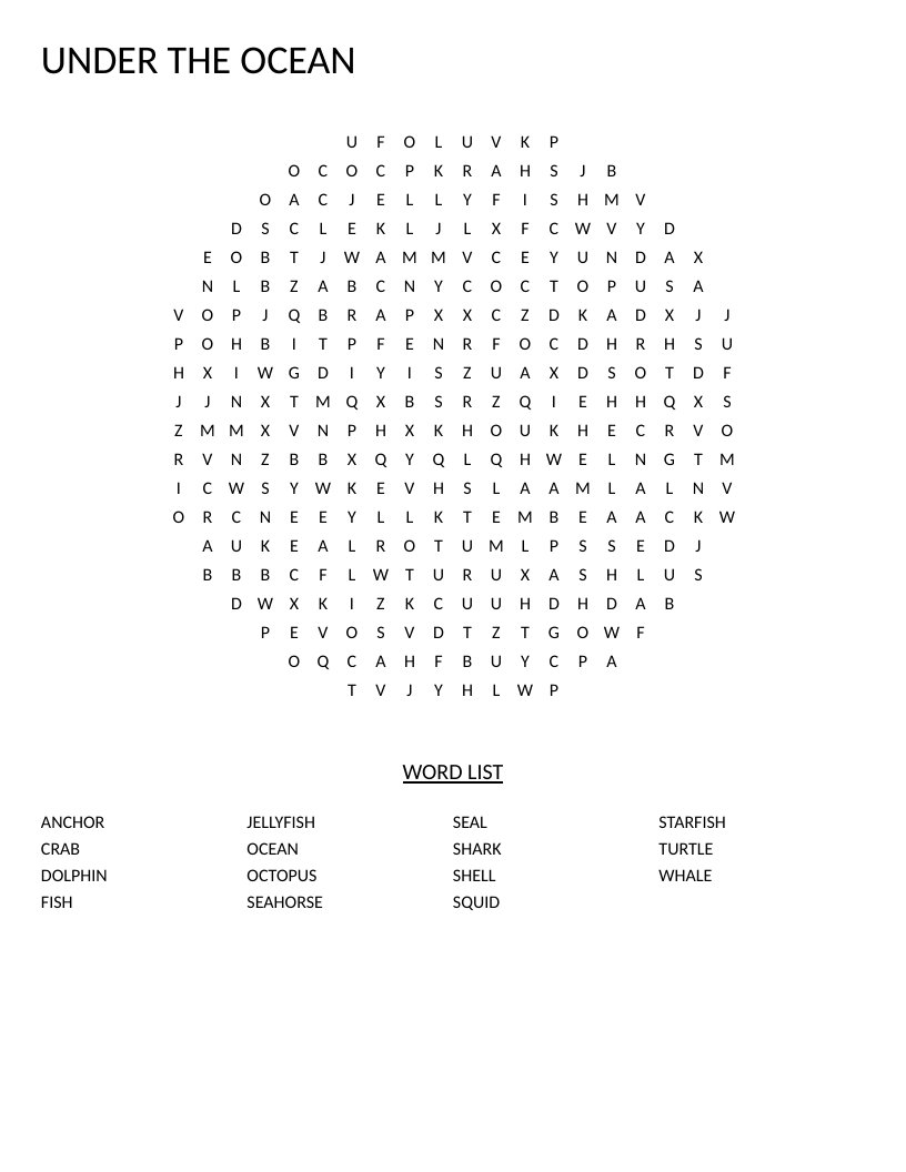 Circle-shaped ocean animals word search with dolphins, whales, jellyfish, and other sea creatures.