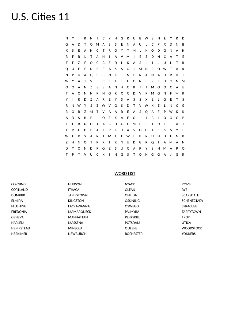 U.S. cities word search with New York towns including Manhattan, Rochester, and Syracuse.