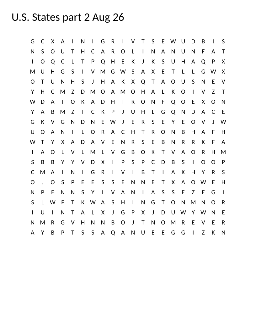 U.S. states word search with state names like Pennsylvania, Texas, and Oregon.