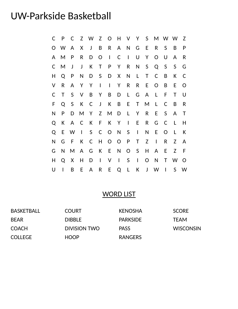 UW-Parkside Rangers basketball word search with words like Kenosha, hoop, and Rangers.
