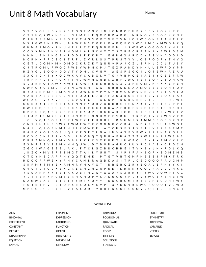 Algebra word search with quadratic functions vocabulary including parabola, vertex, and factoring.