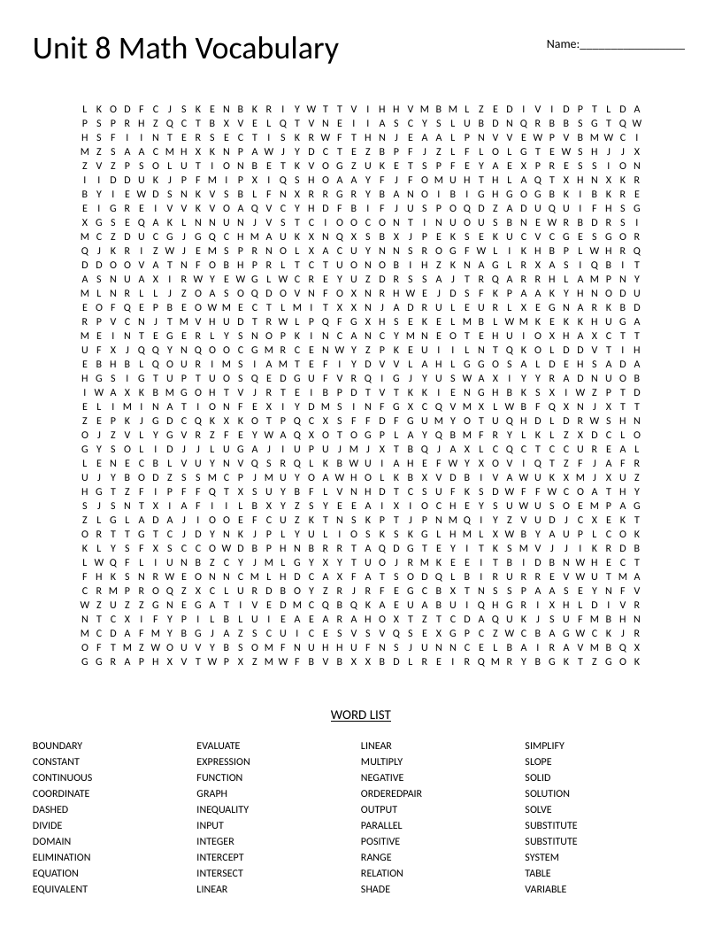 Algebra word search with 40 vocabulary words on linear equations, graphing, and systems.