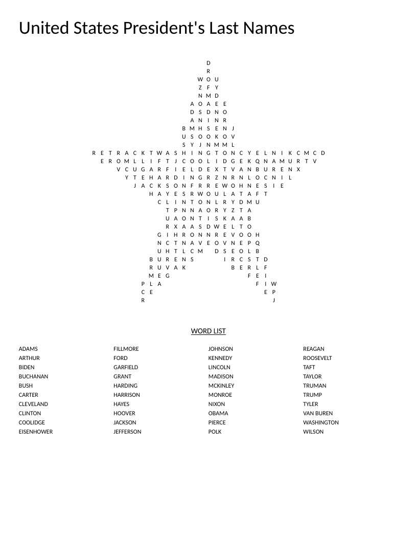 Star-shaped U.S. Presidents word search featuring 40 presidential last names from Washington to Biden.