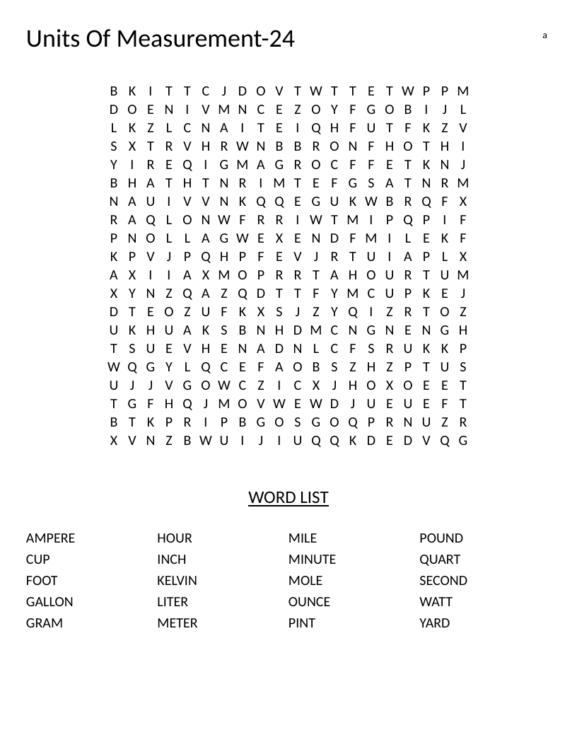 Units of measurement word search with metric and imperial words like meter, gram, gallon, and pound.