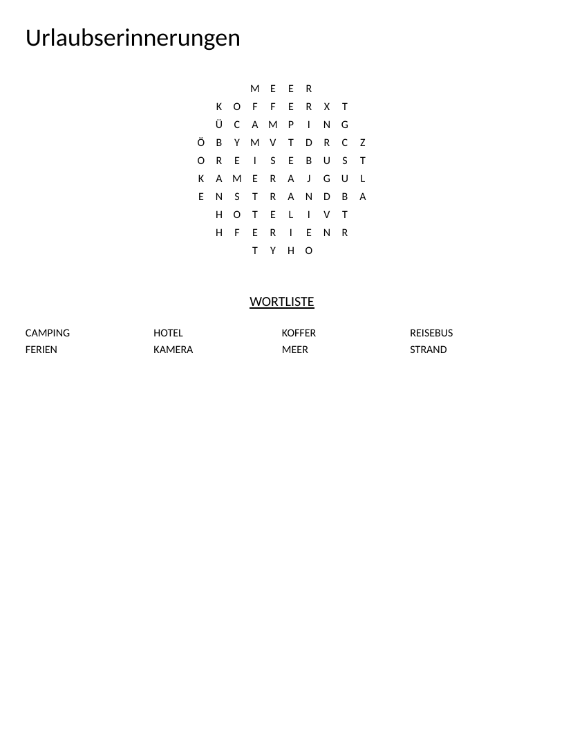 Circle-shaped German vacation word search with words like Strand, Meer, and Hotel.
