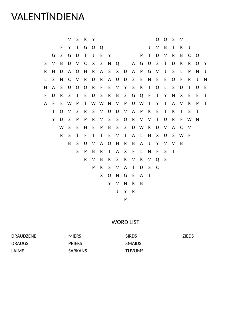 Heart-shaped Latvian Valentine's Day word search with words like sirds and draugs.