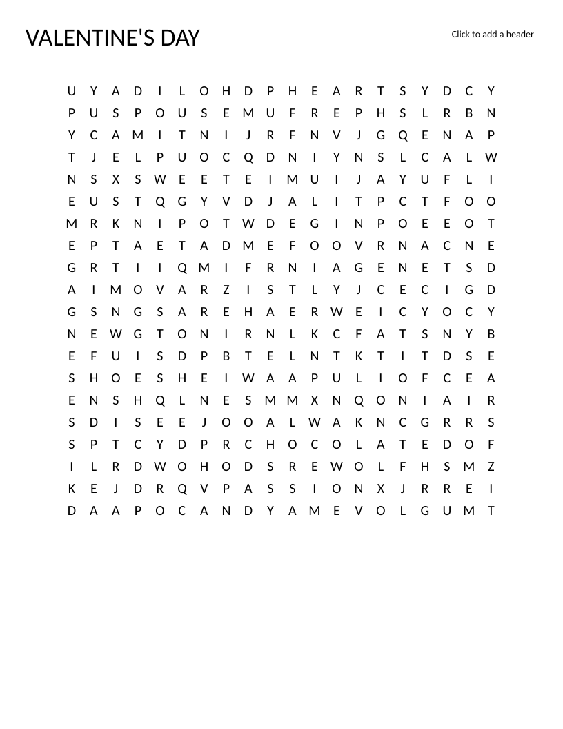Valentine's Day word search with words like hearts, roses, chocolate, and balloons.