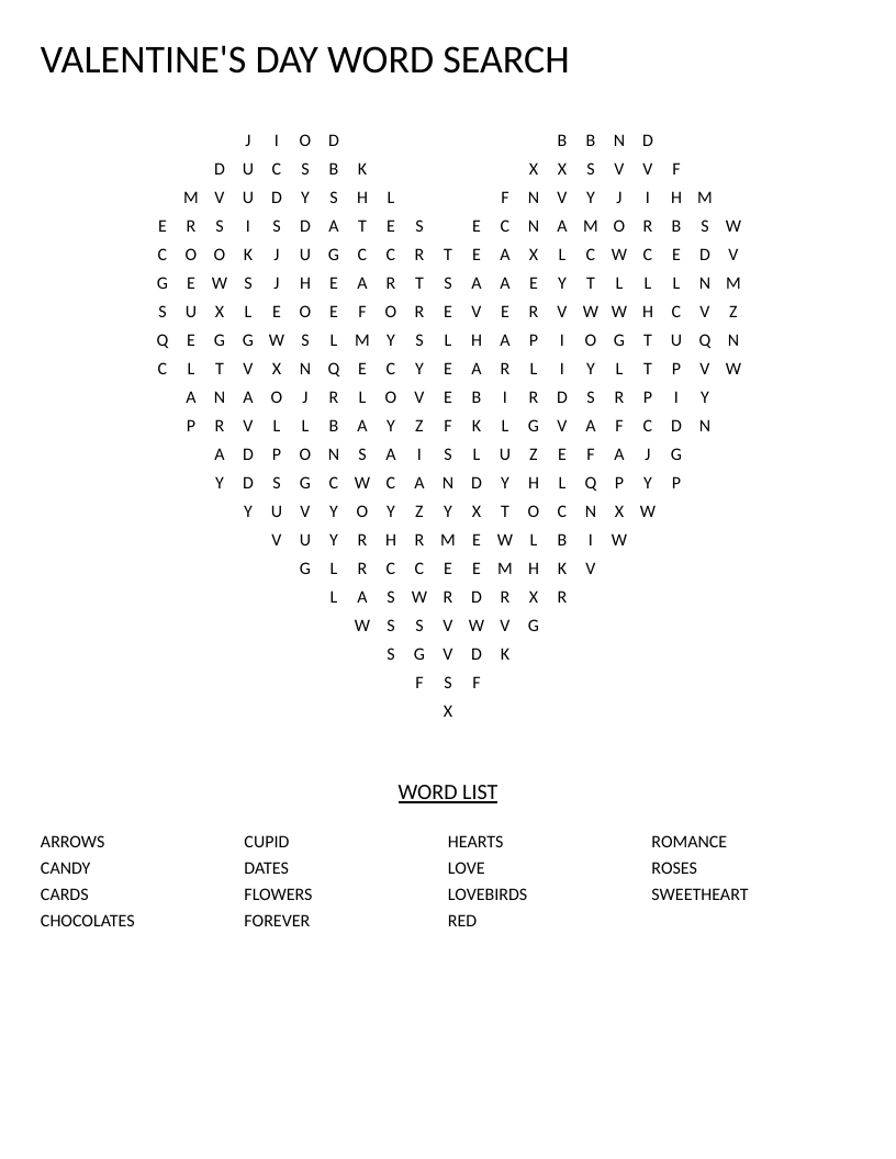 Heart-shaped Valentine's Day word search with words like cupid, roses, chocolates, and hearts.