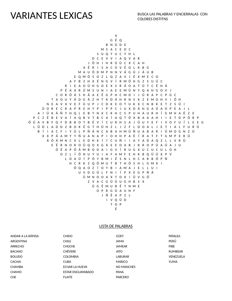 Diamond-shaped Latin American Spanish slang word search with regional vocabulary like boludo and chévere.