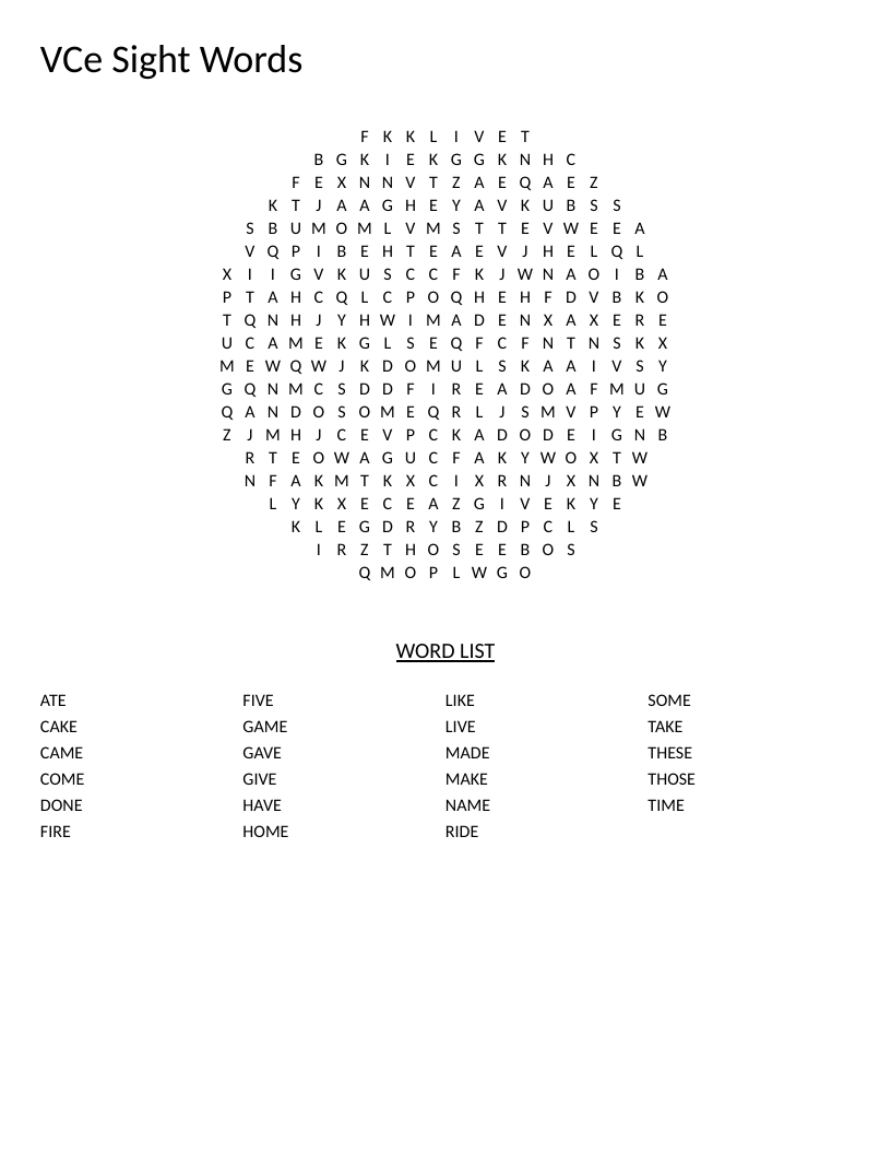 Circle-shaped VCe sight words word search with silent-e words like make, cake, and time.