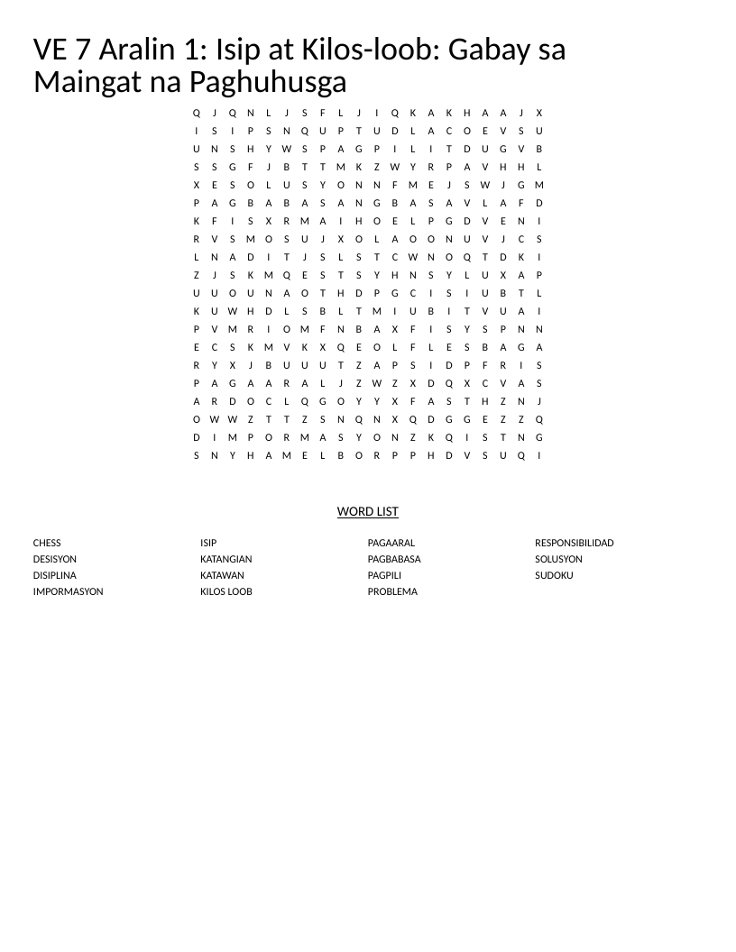 Tagalog word search on decision-making and values with words like desisyon and responsibilidad.