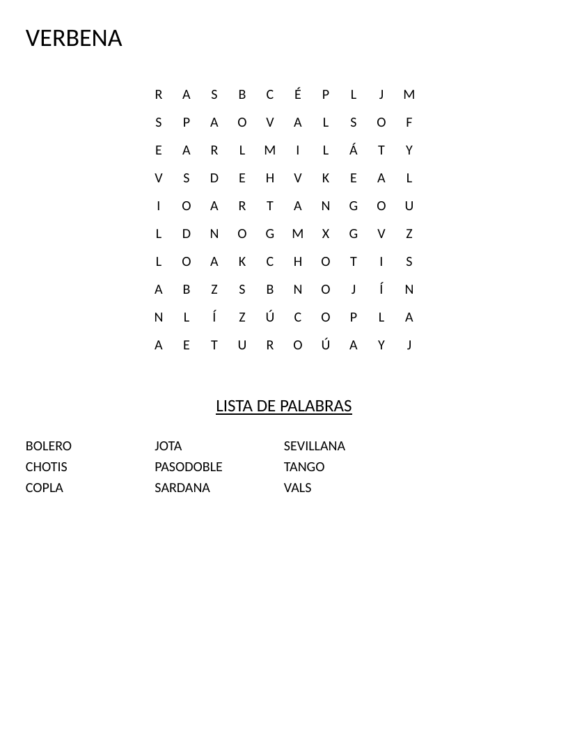 Spanish dance word search with tango, sevillana, jota, bolero, and other traditional dance terms.