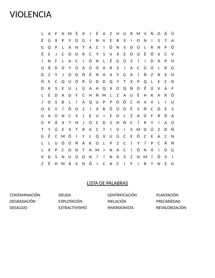 Spanish word search on economic violence with terms like extractivismo, gentrificación, and contaminación.