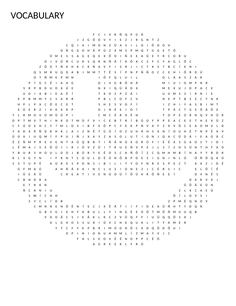 Smiley-shaped vocabulary word search with character education words like empathy, tolerance, and justice.