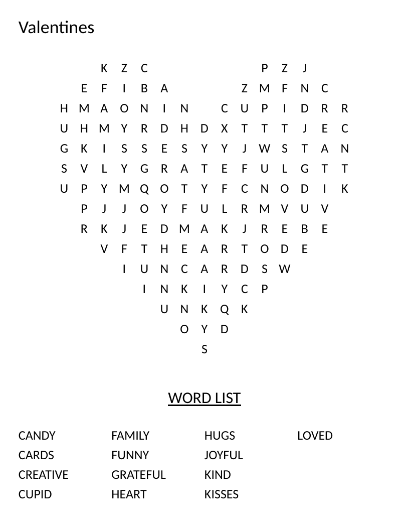 Heart-shaped Valentine's Day word search with words like cupid, kisses, and candy.