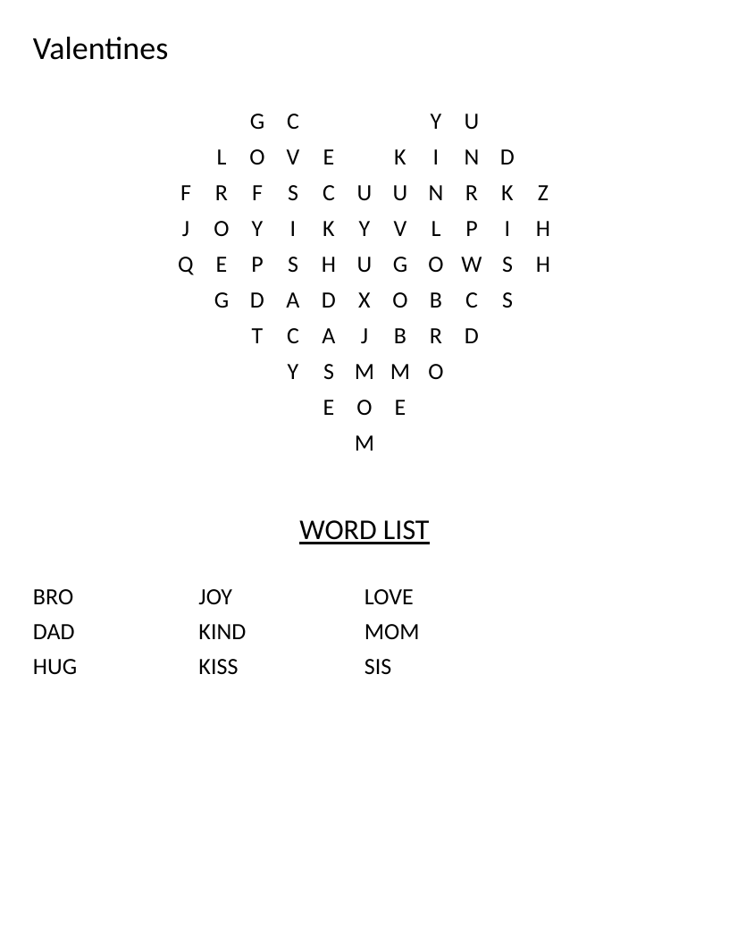 Heart-shaped Valentine's Day word search with simple words like love, hug, and kiss.