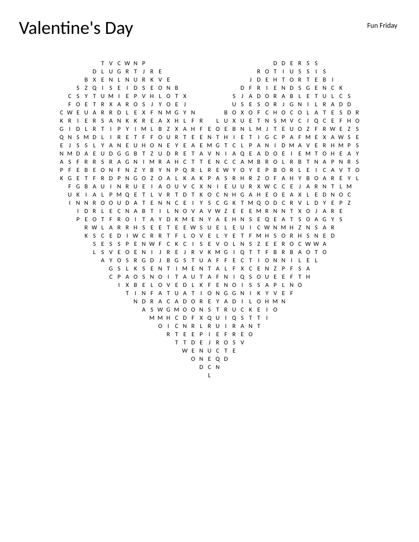 Heart-shaped Valentine's Day word search with words like roses, chocolates, and Cupid.