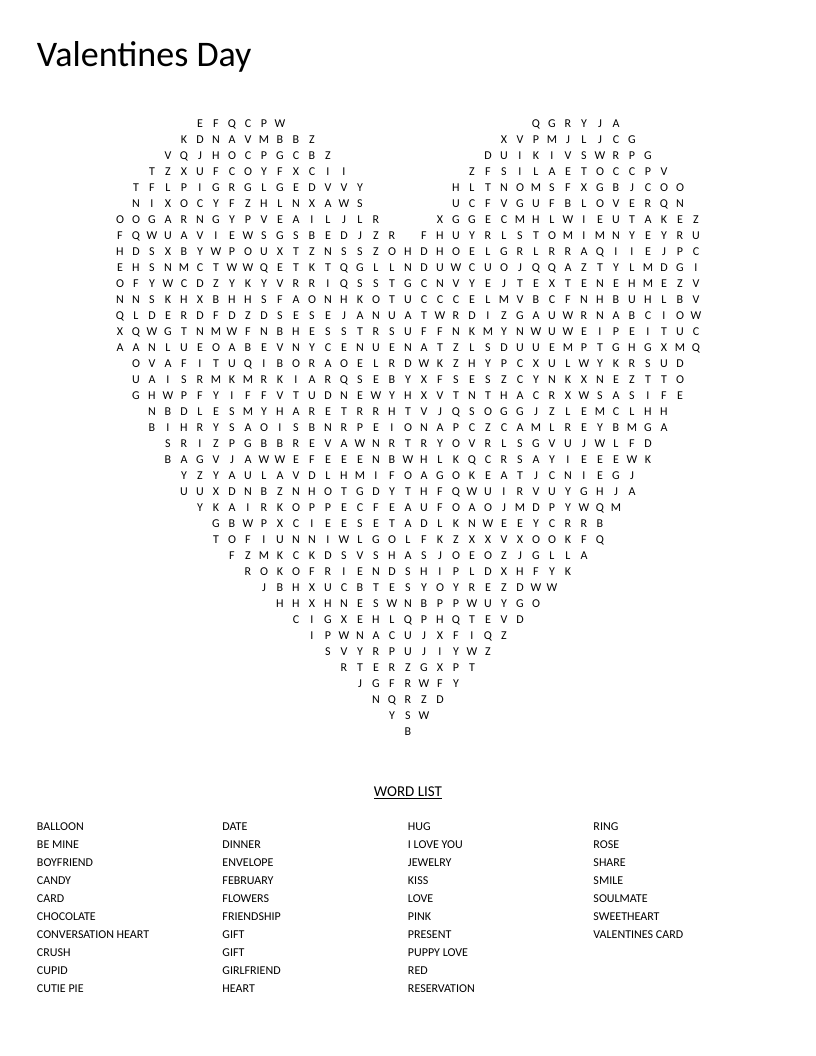 Heart-shaped Valentine's Day word search with words like chocolate, rose, and sweetheart.