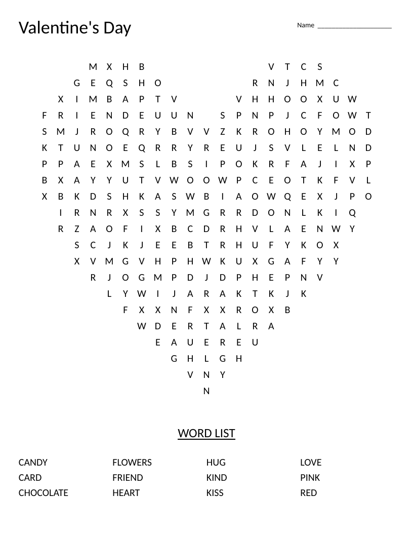 Heart-shaped Valentine's Day word search for young learners with words like love, candy, and flowers.