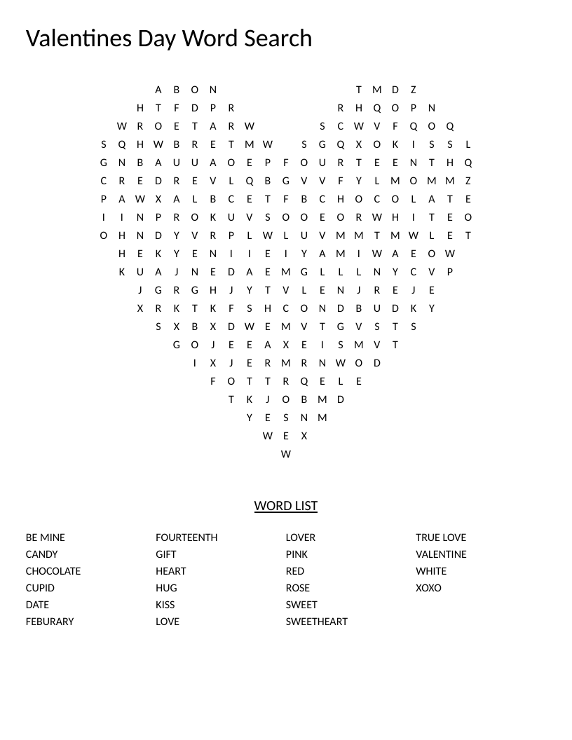 Heart-shaped Valentine's Day word search with words like love, cupid, and chocolate.