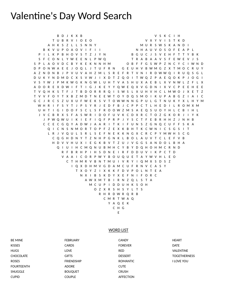 Valentine's Day word search with heart shape and words like roses, chocolate, and cupid.