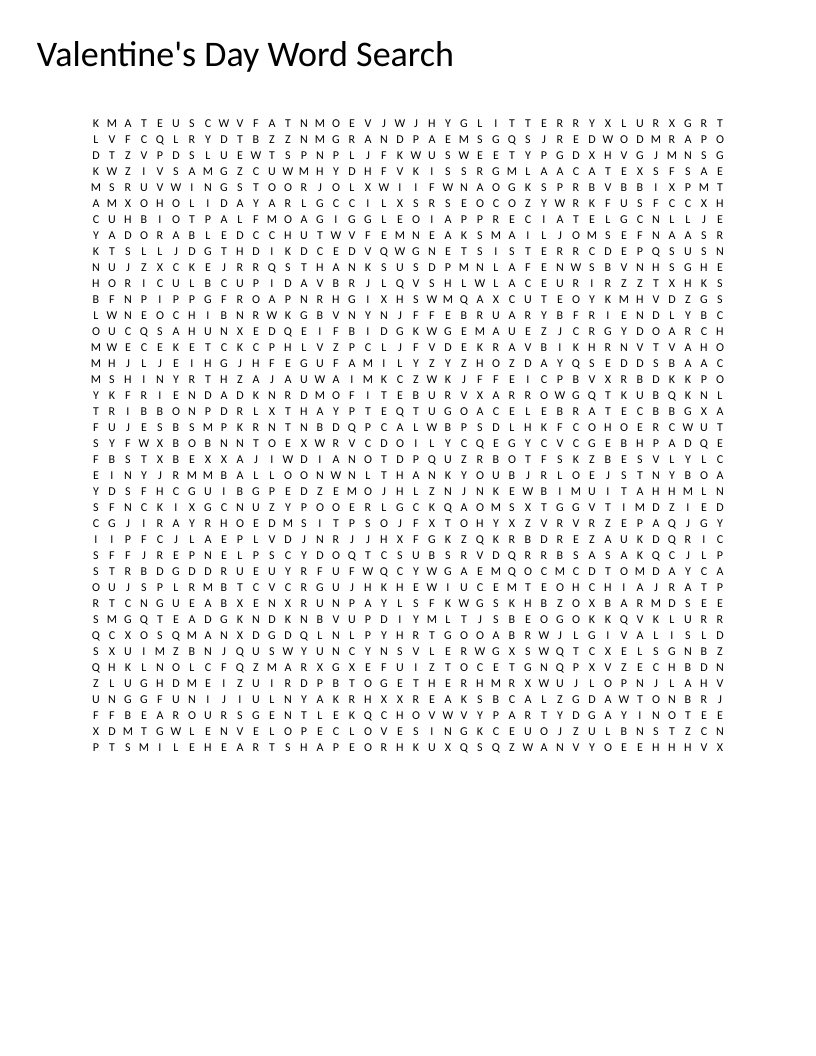 Valentine's Day word search with hearts, candy, roses, and friendship words for young students.
