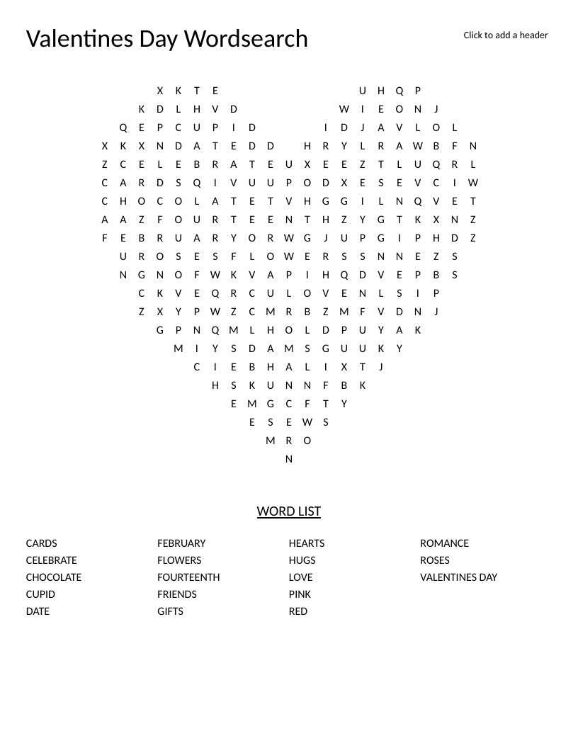 Heart-shaped Valentine's Day word search with words like chocolate, roses, cupid, and romance.