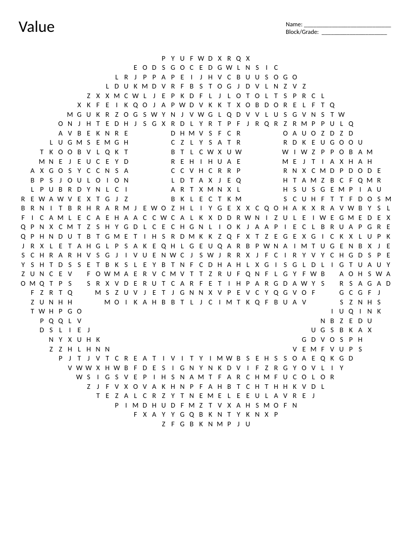 Smiley-shaped art value word search with terms like shading, contrast, and Picasso.