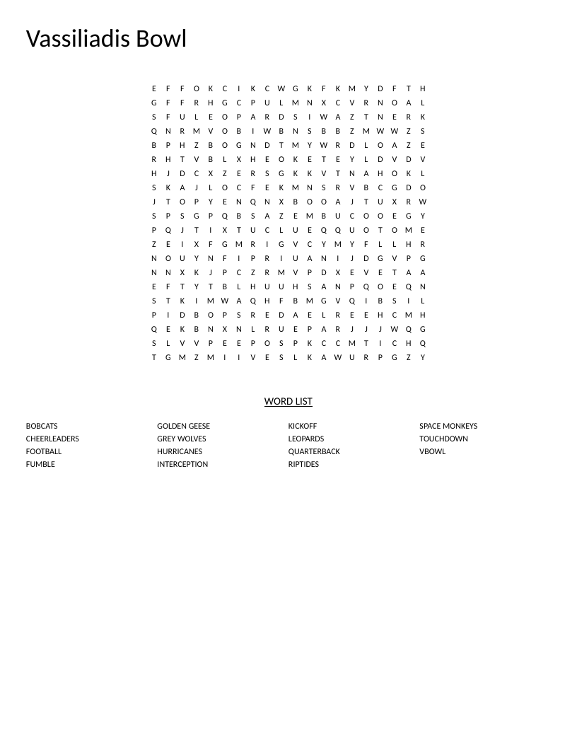 Football word search with Vassiliadis Bowl team names and plays like touchdowns and interceptions.