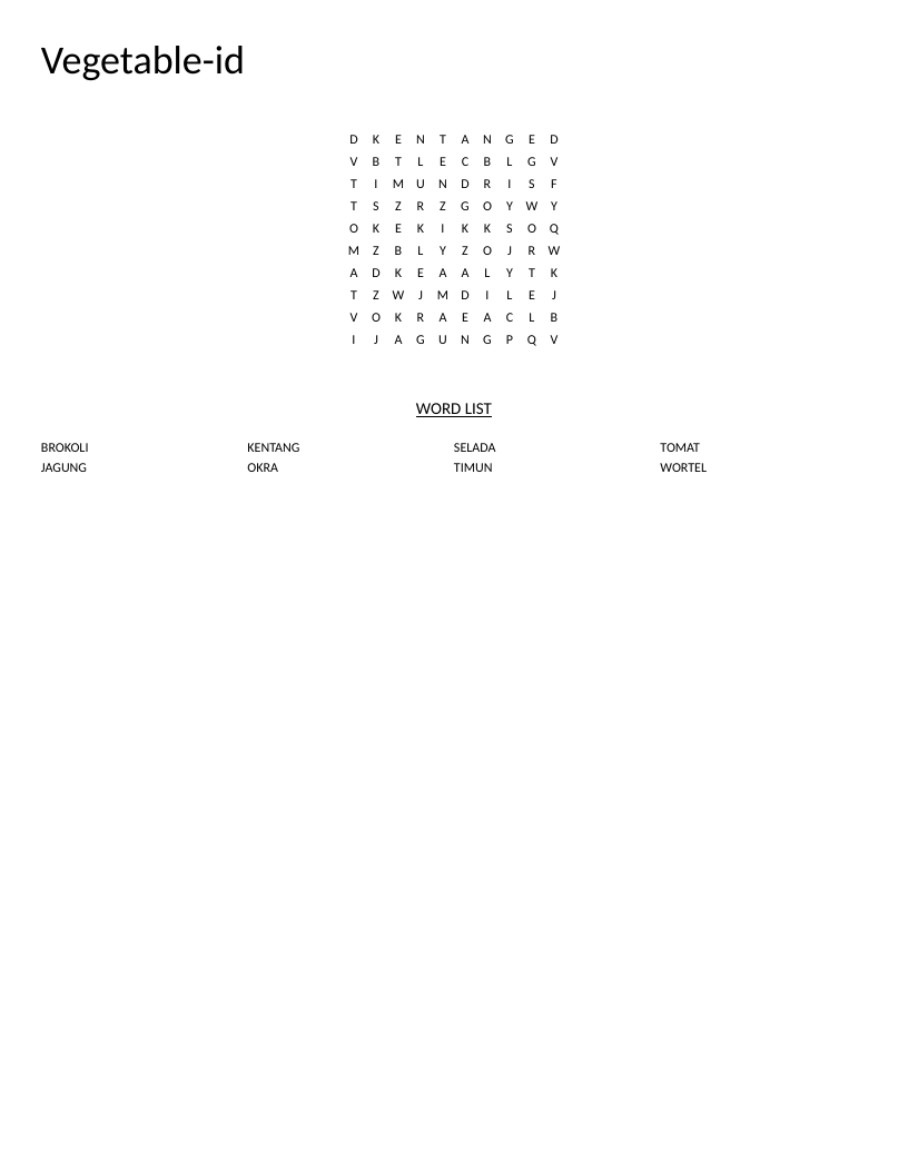 Indonesian vegetable word search with words like brokoli, wortel, and jagung.