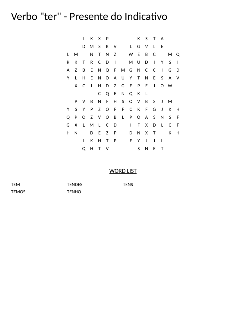 Portuguese verb conjugation word search with present-tense forms of "ter" in a clover shape.