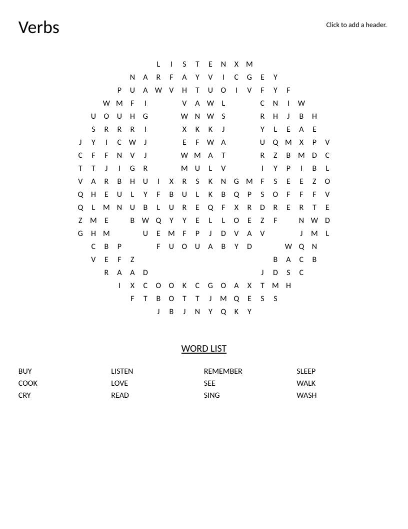 Smiley-faced verbs word search with action words like sing, remember, and cook.