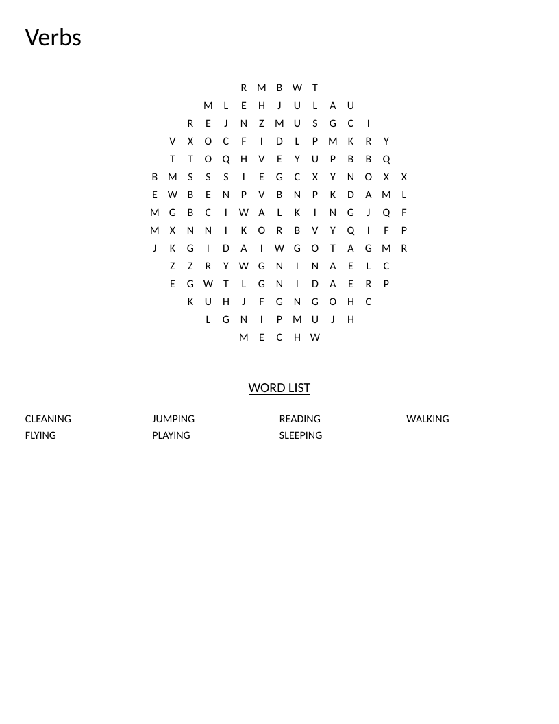 Circle-shaped action verbs word search with -ing words like walking, playing, and jumping.