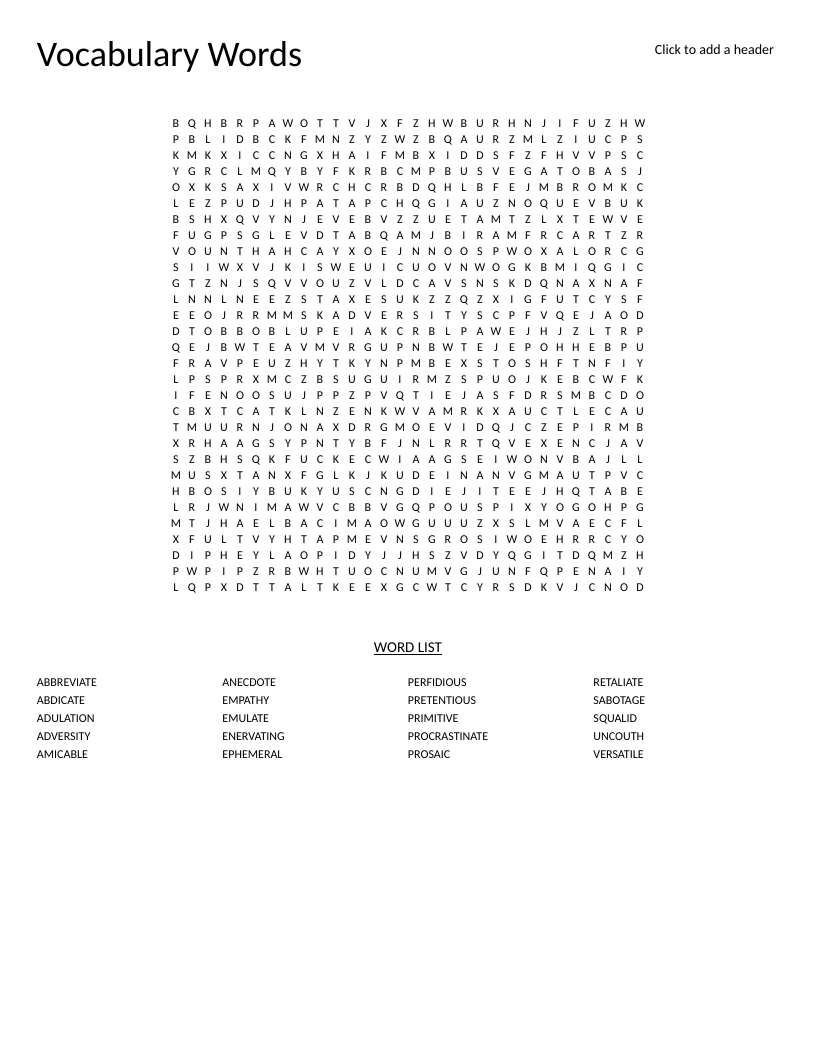 Advanced vocabulary word search with words like ephemeral, perfidious, and procrastinate.