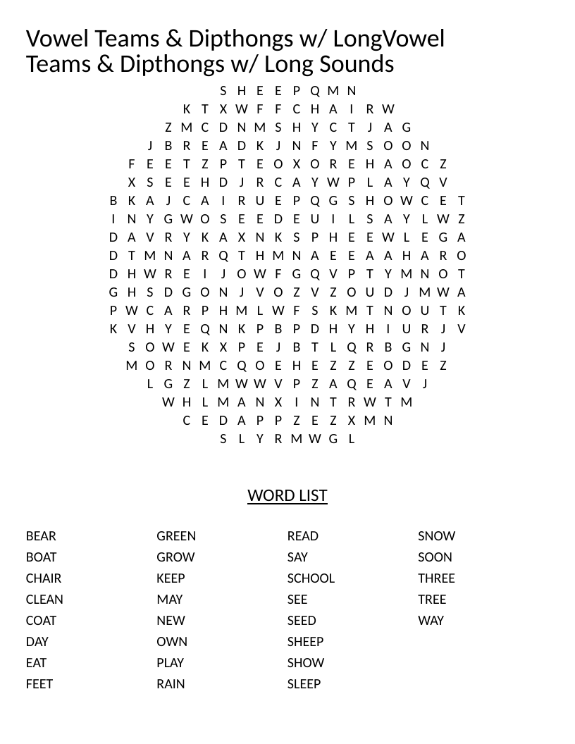Circle word search for vowel teams and diphthongs with words like play, see, tree, and chair.