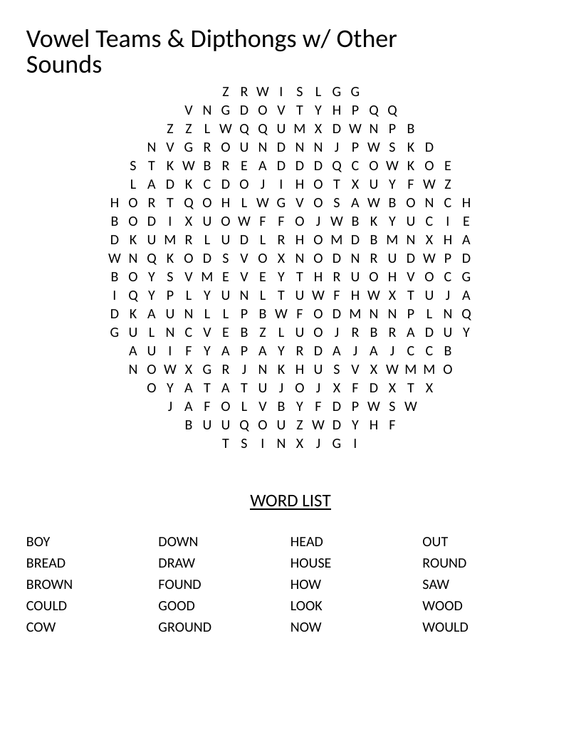 Circle-shaped vowel teams and diphthongs word search with words like round, bread, and brown.